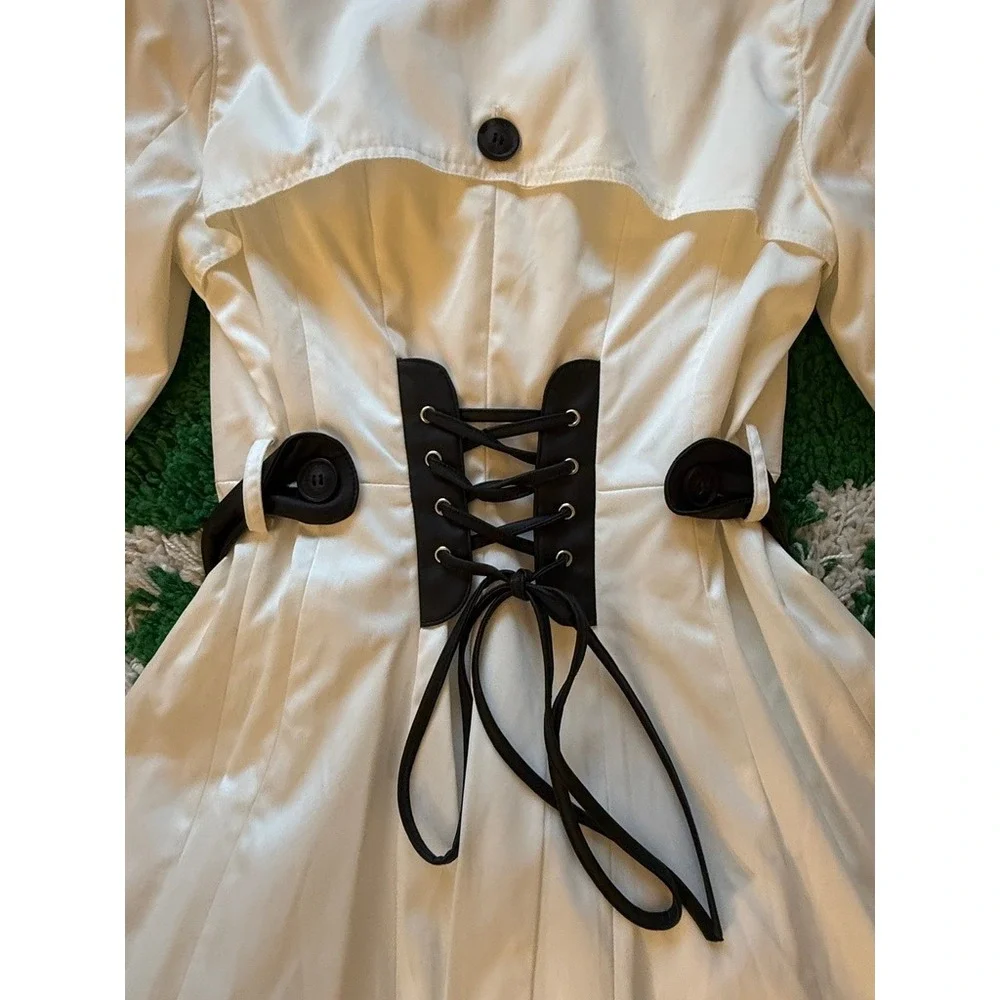 Windsor Trench Coat Womens Size S White Excellent Lace Up Back Double Breasted